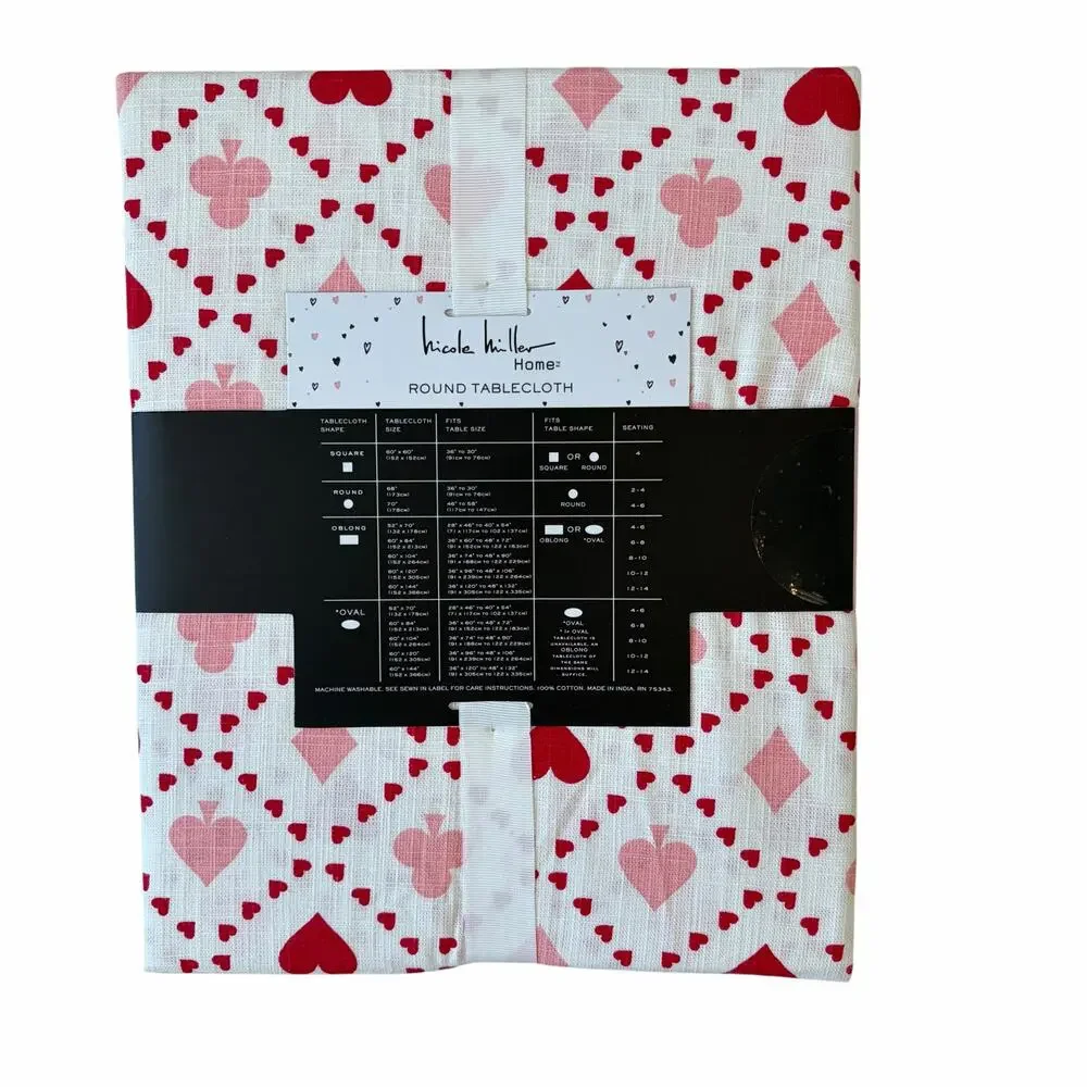 Nicole Miller Queen of Hearts Tablecloth 68in Round Pink Red Valentines Day New